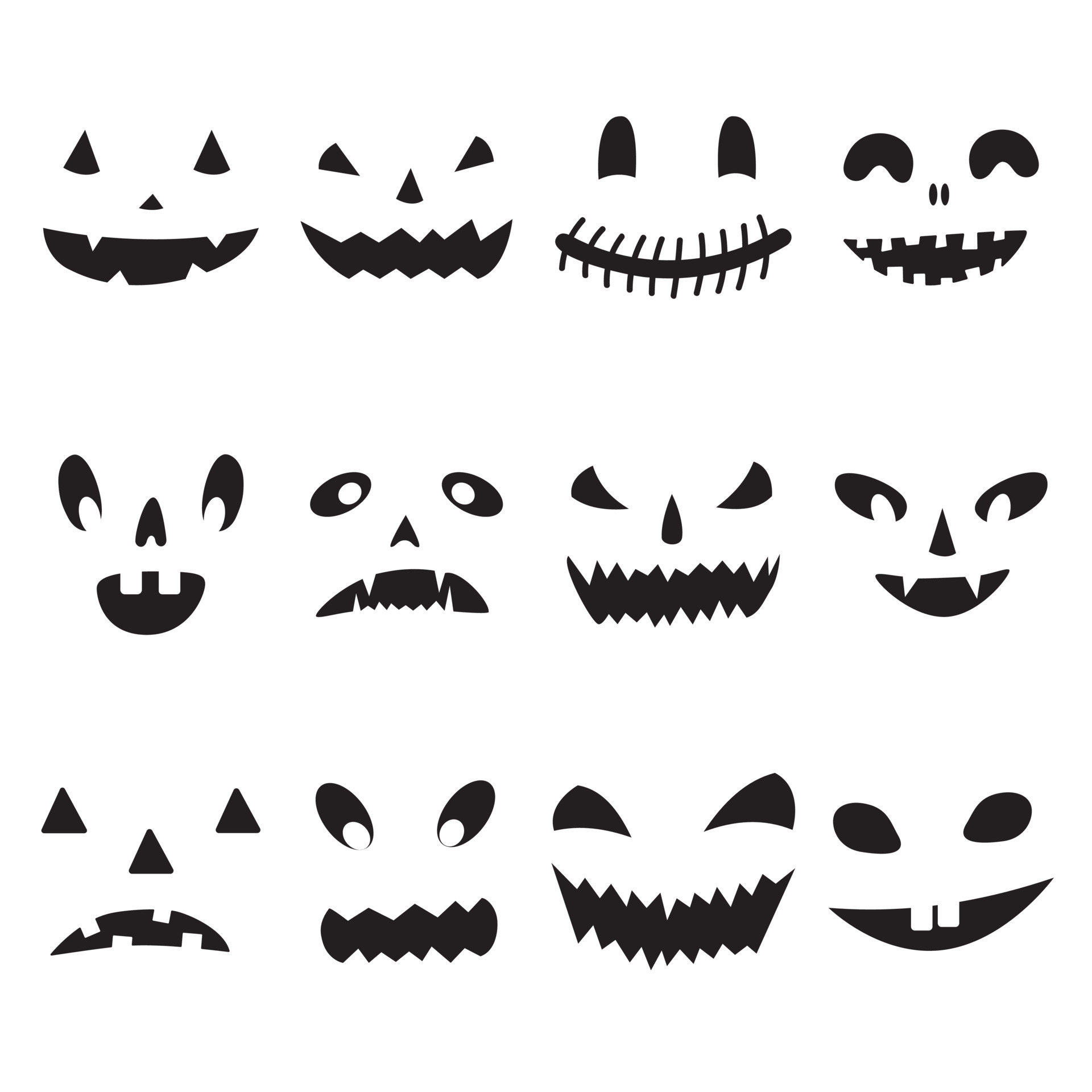 conjunto vetorial de rostos assustadores de abóbora de halloween com olhos  negros e sorriso, assustador jack o lanterna. isolado no fundo branco.  11027190 Vetor no Vecteezy